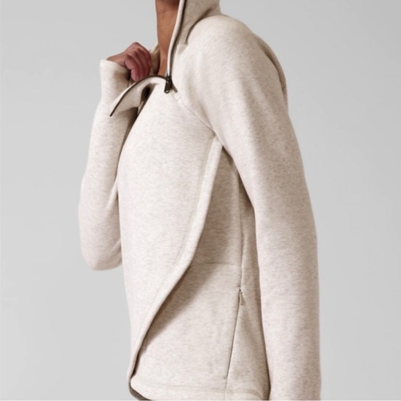 ATHLETA heather ivory high rose gold diagonal zipper neckline sweatshirt top. Sm - Picture 5 of 10